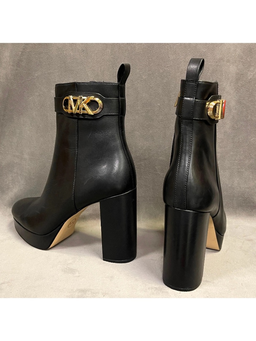 Michael Kors Black Leather Platform Ankle Boots with Gold MK Accent - Picture 7 of 8